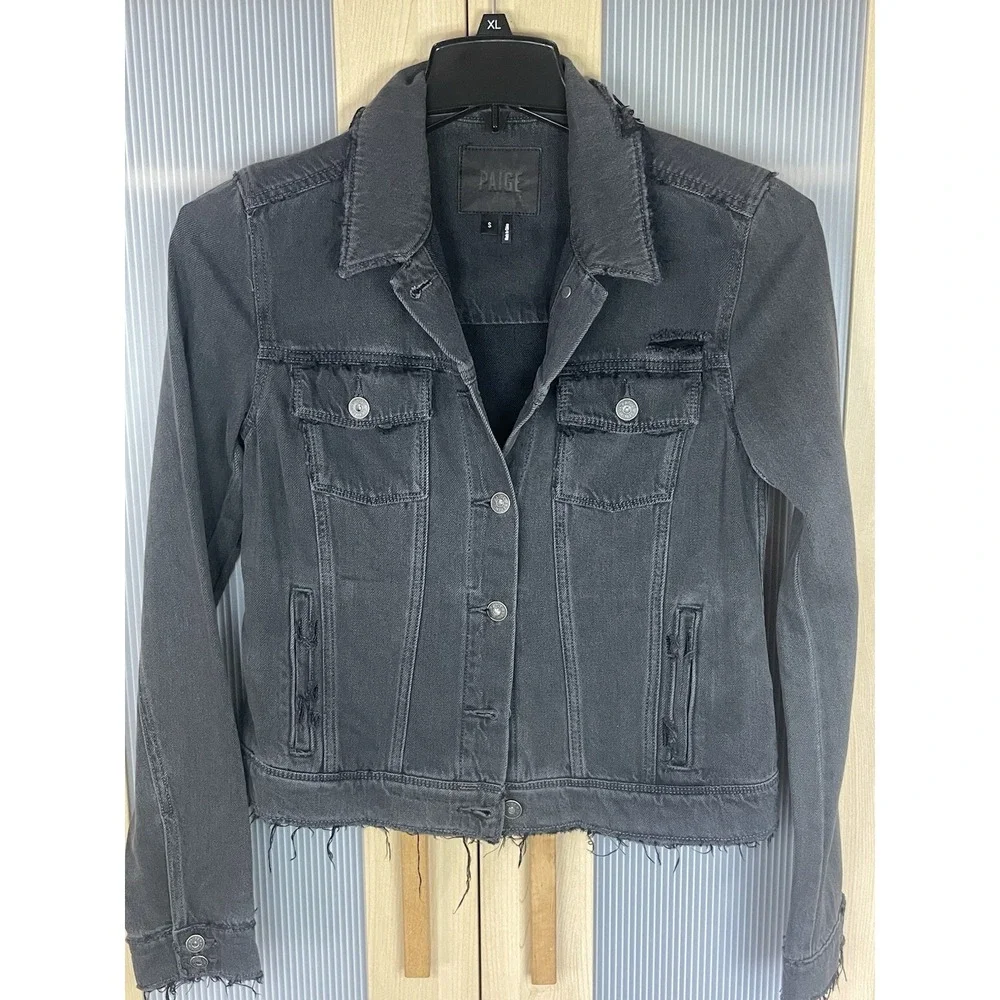 Paige Denim Jacket Black Frayed Hem Distressed Sz S Goth Streetwear Moto‎ Rock